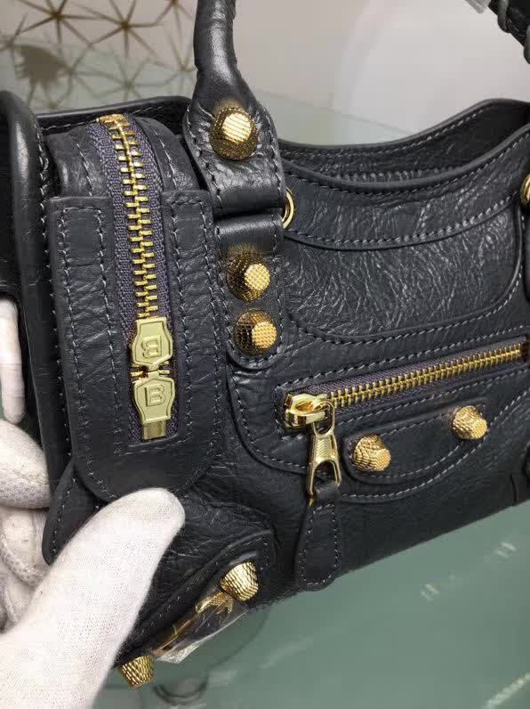 BALENCIAG巴黎世家 歐洲水貨 Balenciaga city mini 小金釘 限量 原廠爆裂紋羊皮黑色 深灰色  BL1063